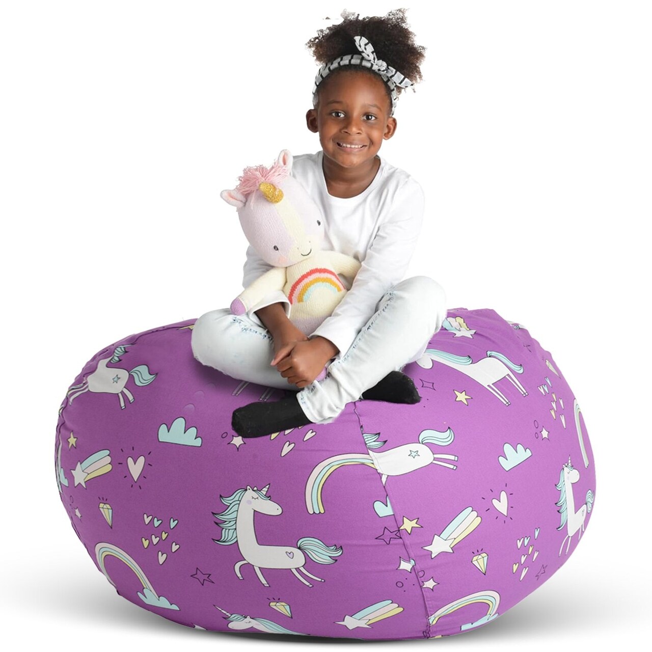 Creative QT Stuff ’n Sit Large 33’’ Bean Bag Storage Cover for Stuffed Animals & Toys, Giant Beanbag Chair for Kids Ages 3-14, Bedroom Organizer for Easter, Purple Unicorn